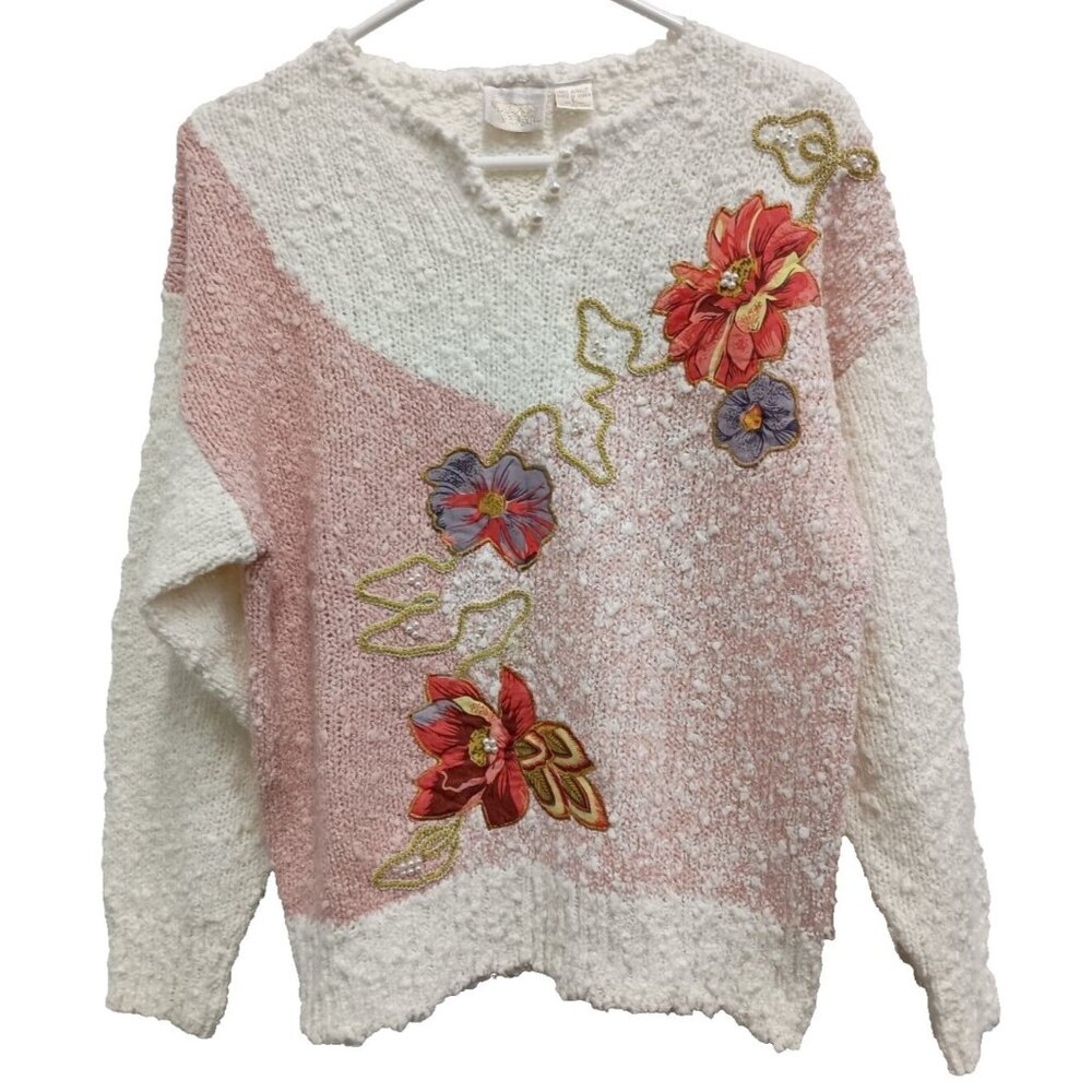 VTG Needles and Yarn Womens Cottagecore Grandma Sweater Large Floral Embroidered